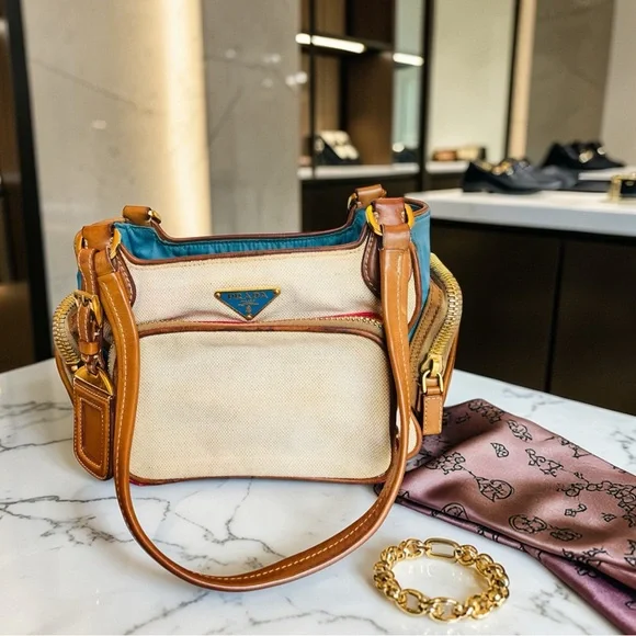Prada Vintage Beige Mixed Material Multicolor Bag w/Leather Trim & Teal Interior - Picture 17 of 17